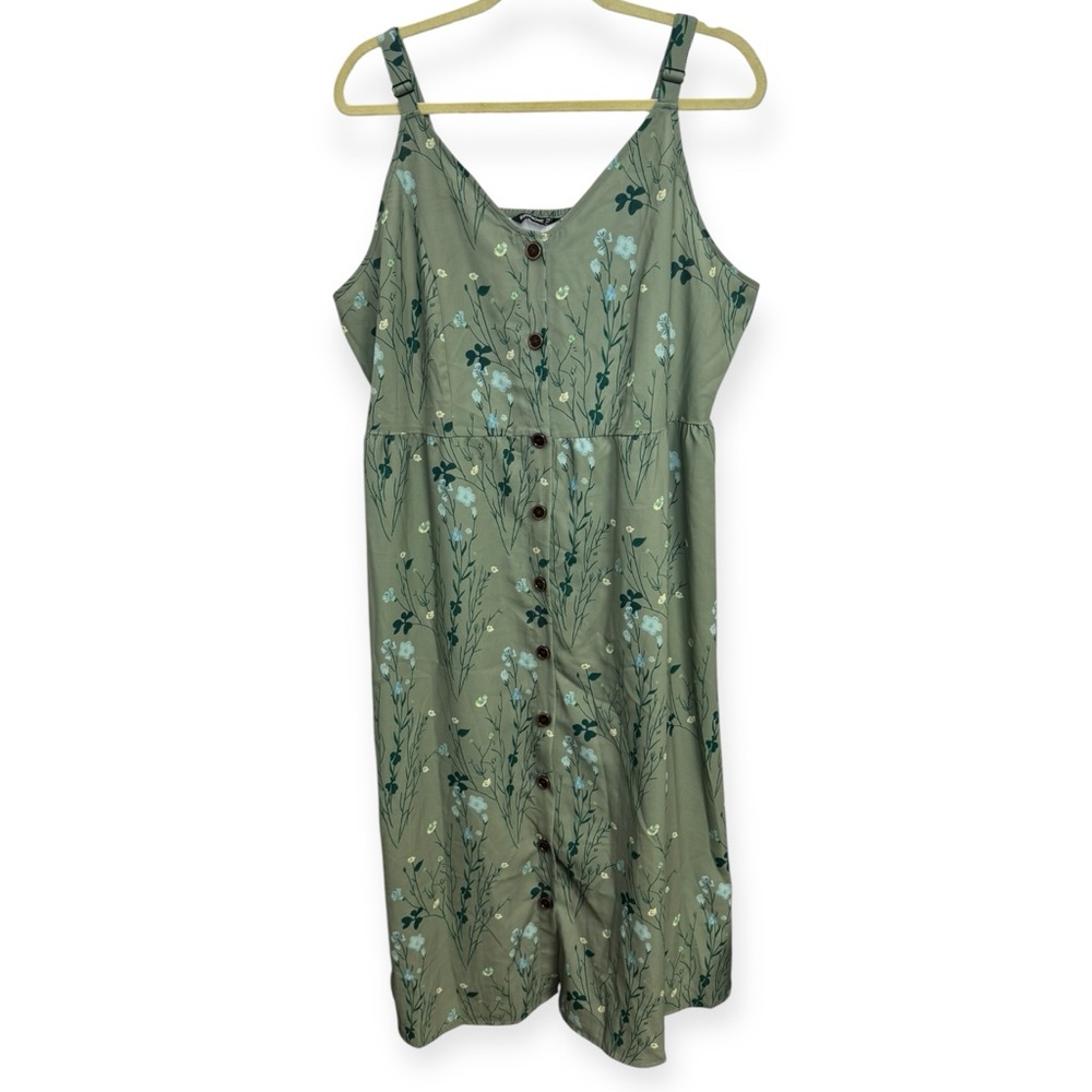 BloomChic Olive Green Floral Midi Dress with Button Front